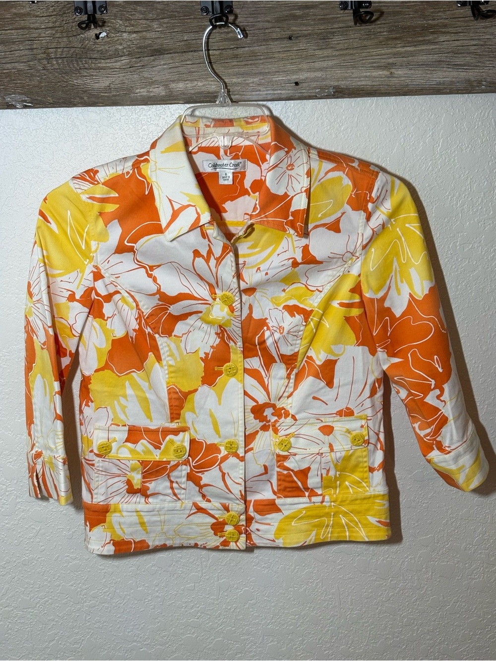 Coldwater Creek Orange Yellow Floral Button-Up Jacket, size 6